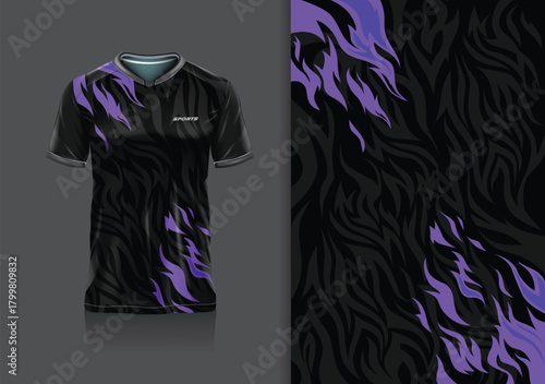 Sport jersey design template mockup flame fire line for football soccer, running, esports, purple black color