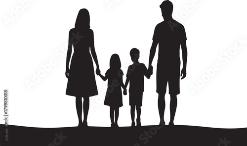 Black silhouette of a family of four holding hands standing on a dark ground against a white background