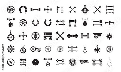 Vintage Cart Wheel Axle Horseshoe Vector Icons Set Silhouette