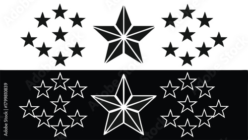 Black and white graphic with a central star surrounded by clusters of stars on white and black backgrounds Keywords: stars, geometric