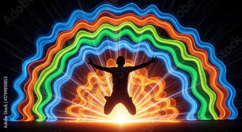 Person embracing light rainbow energy spiritual awakening