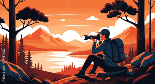 Fotografie Illustration of a traveler sitting on a hillside taking photos of mountain scene