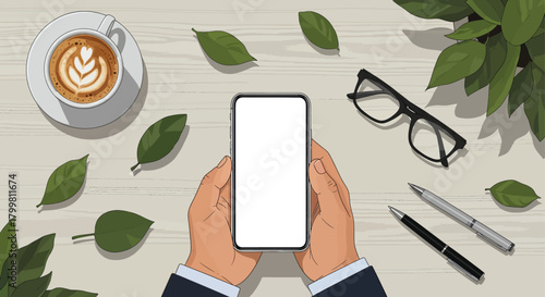 Top View of Hands Holding Smartphone with Coffee and Stationery on Desk