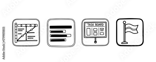 Vecter design business data analysis icons: graph, chart, task board, and flag for success, strategy, and goal setting silhouette