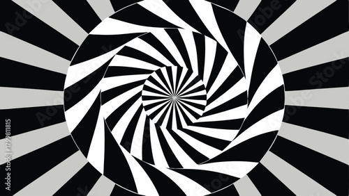 Black and White Optical Illusion Spiral with Radial Stripes and Concentric Circles pattern abstract
