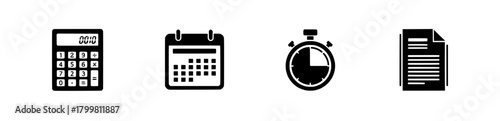 Vecter design business productivity icons calculator,calendar, stopwatch and document for time management tasks silhouette