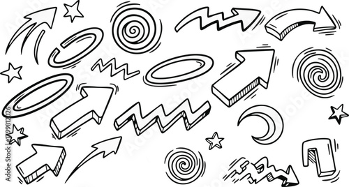 Set of dynamic hand drawn arrows and elements doodle sketchy design elements vector illustration