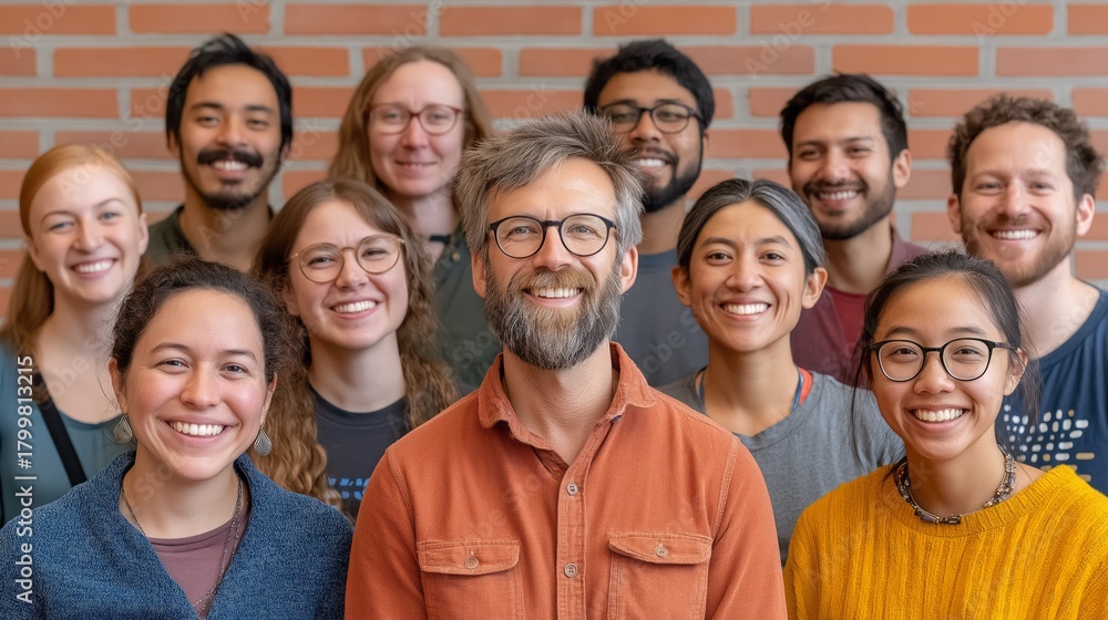 Obraz premium A cheerful group of smiling individuals stands close together in a warm indoor space, showcasing unity and joy during a friendly gathering filled with laughter and happy moments