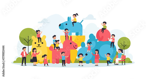 A cheerful flat design illustration showing children and families joyfully interacting with a colorful, whimsical public art installation in a sunny park. 