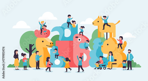 A cheerful flat design illustration showing children and families joyfully interacting with a colorful, whimsical public art installation in a sunny park. 