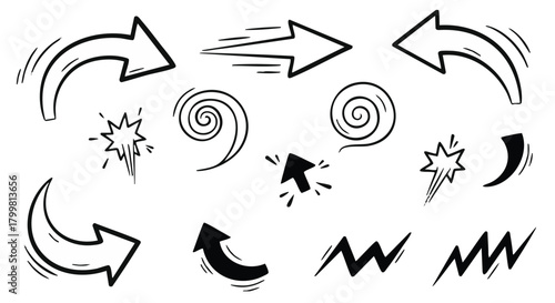 Doodle vector arrows stars spirals and lightning bolts collection hand drawn sketch elements set
