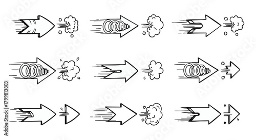 Set of doodle hand drawn sketch arrows indicating movement speed and wind fast motion lines
