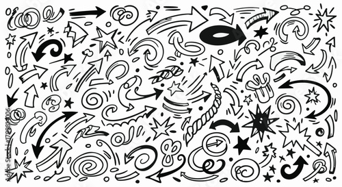 Doodle hand drawn arrows spirals stars comic boom effects sketchy vector collection elements