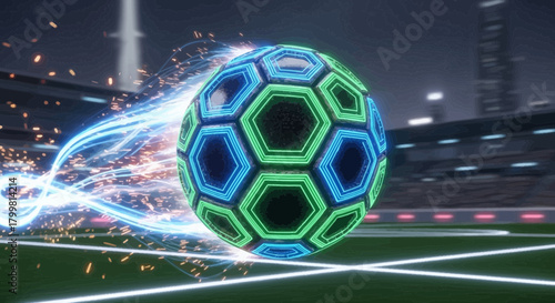 Futuristic soccer ball with glowing trails and stadium background