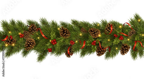 A festive christmas garland with pine cones, holly, berries and red ribbon decorates
