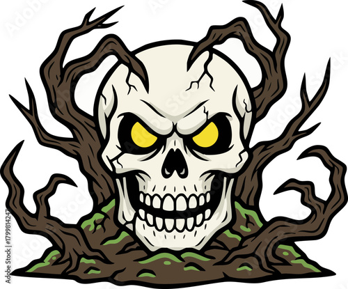 Creepy skull emerging from gnarled branches illustration