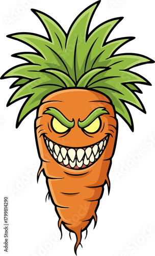 Scary cartoon carrot character with evil expression