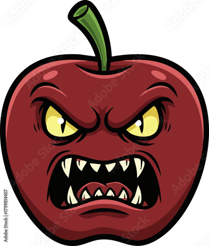 Furious apple character with sharp teeth and yellow eyes