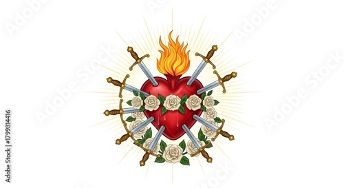 Sacred Heart with Swords, Flames, and Roses