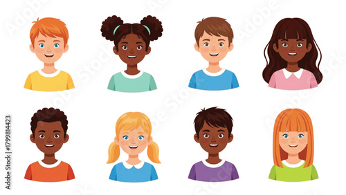 Kids Avatars Portraits Set: Diverse Happy Multicultural Children Headshots for User Profile, Education, and Web Icons