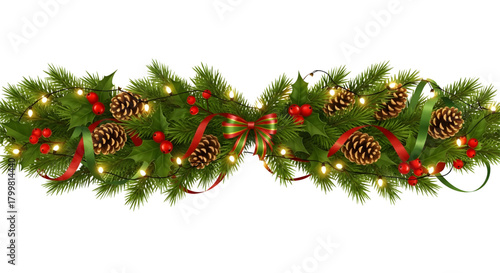 Christmas garland with pine cones berries and a ribbon with string lights decoration element