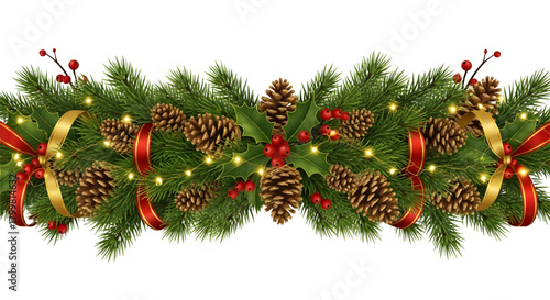 Festive christmas garland with pine cones holly berries and ribbons for holiday decoration use