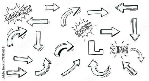 Hand drawn set of dynamic sketch arrows and doodle comic speech bubbles with sound effects