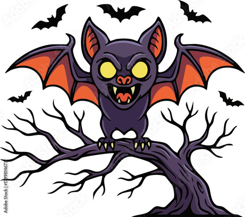 Scary cartoon bat on a spooky tree branch with flying bats