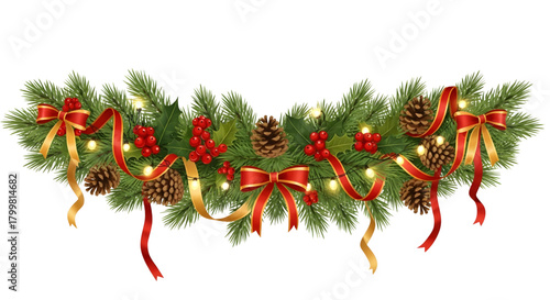 Christmas garland with pine cones red berries and ribbons on a white background