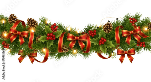 Christmas garland with pine branches red ribbons and pine cones on a white background