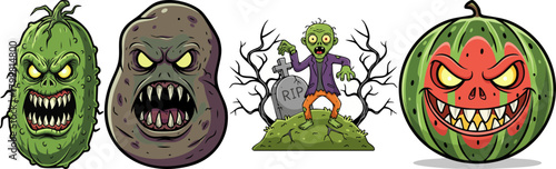 Scary Vegetable and Fruit Monsters Halloween Characters