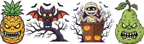 Halloween Characters Spooky Fruit Monsters and Bat on Tree