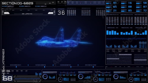 Futuristic Military Jet Wireframe on Tactical HUD  System Interface with Real-Time Flight Metrics and Data Analytics Dashboard