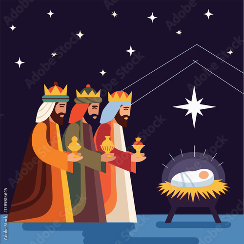 Three Wise Men. Epiphany celebration. Traditional Spanish Three Kings Day. Isolated Flat Vector Characters.