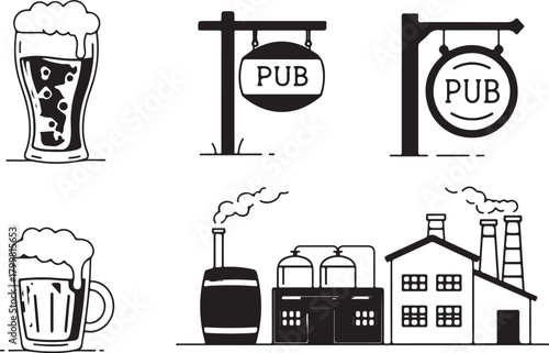 Beer icons and label vector set with illustrations and symbols