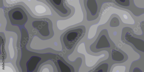Abstract topographic contour lines in a grayscale gradient with faint purple edges forming a fluid, organic, and irregular pattern suitable for backgrounds and textures
