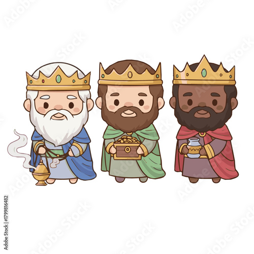 Three Wise Men. Epiphany celebration. Traditional Spanish Three Kings Day. Isolated Flat Vector Characters.