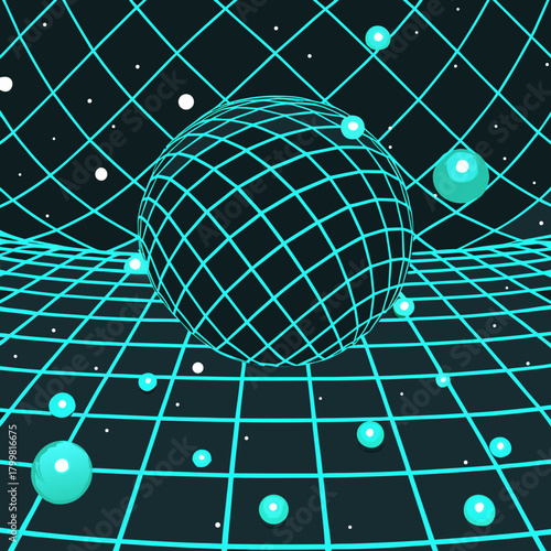 A warped grid with a large sphere and smaller spheres floating against a dark background with white dots