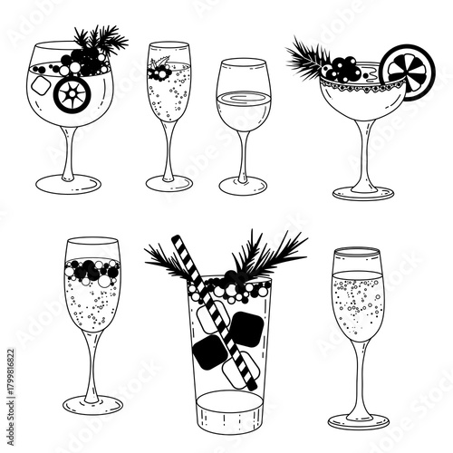 Black and White Alcoholic Drinks Vector Set – Wine, Champagne, Margarita, Mulled Wine, Grog, Outline Cocktail Clipart for Christmas, New Year, Holiday Bar Menu