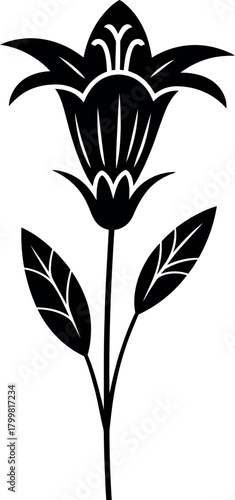 Black bellflower silhouette with leaves plant