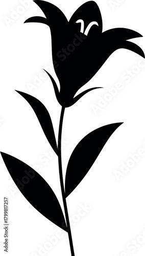 Black bellflower silhouette with leaves white