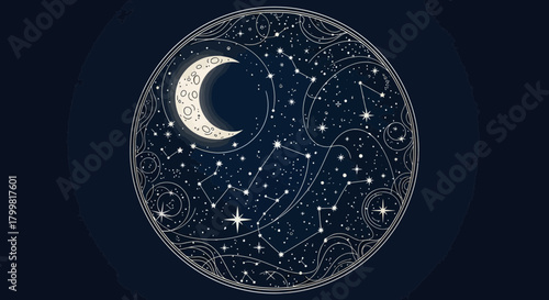 Night sky crescent moon stars outline celestial cosmos