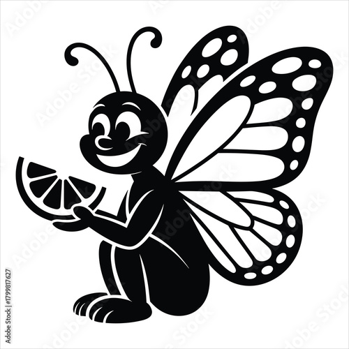 Smiling cartoon butterfly holding a refreshing lemon slice vector isolated on white background, Vector