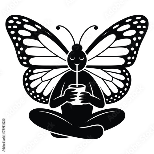 Butterfly person sipping drink, isolated graphic illustration isolated on white background, Vector