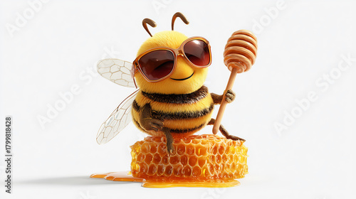 Cheerful cartoon bee stands on honeycomb holding two honey dippers, representing sweet harvest, playful character design and joyful natural food product concept in a bright clean setting