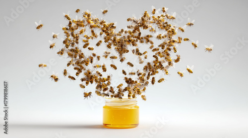 A dynamic cluster of bees forms a heart shape above a honey jar in a bright clean scene, highlighting affection, sweet harvest, playful motion and positive natural emotion concept
