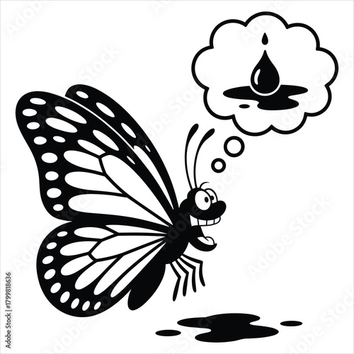 Happy cartoon butterfly thinking of refreshing water on white isolated on white background, Vector