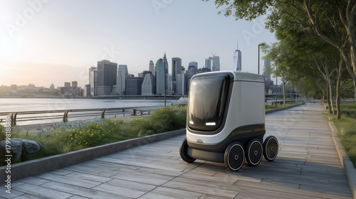 Electric autonomous delivery robot drives beside a waterfront promenade with tall buildings, emphasizing clean mobility, smart logistics and innovative urban technology concept