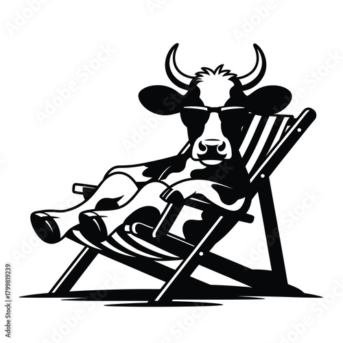 Cool cow relaxing in a deck chair wearing sunglasses
