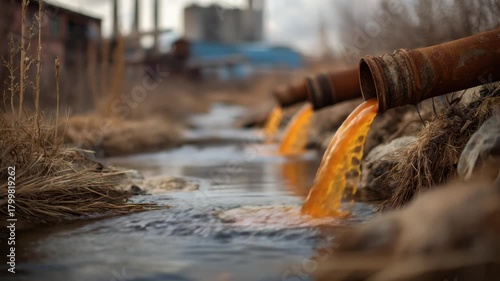 Rusty pipes release orange liquid into a stream; buildings in the background
